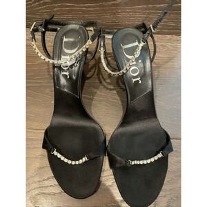 Christian Dior Black Silk Sandal Heels With Diamond Details Size 37